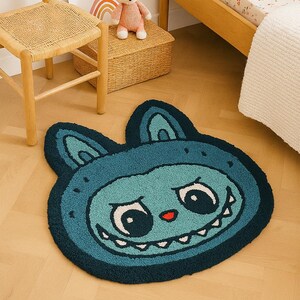 Labubu Blue Rug – Kids Room Area Rug ,Wool Rug for  Nursery and Playroom – Handmade Cartoon Rug – Cute Gift for Boys & Girls