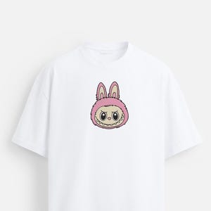 Labubu Face Embroidered T-Shirt | Oversized Unisex Tee | Anime Streetwear Cotton Shirt | Cute Labubu Graphic Top for Men & Women