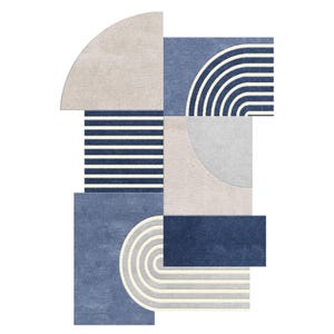 Blue Modern Rug, Modern Abstract Geometric Wool Area Rugs Hand Tufted Blue Cream Grey Carpet for Living Room, Bedroom and Office