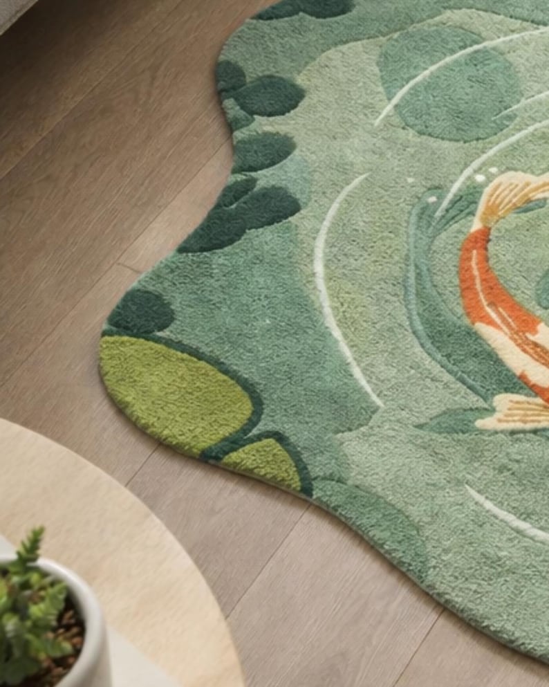 Fish Rug Handade Hand Tufted Koi Fish Pond Rug, Handmade Irregular Wool Area Rug for ...