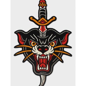 Handmade Wool Tattoo Rug: Panther Head with Sword, Neo-Traditional Art