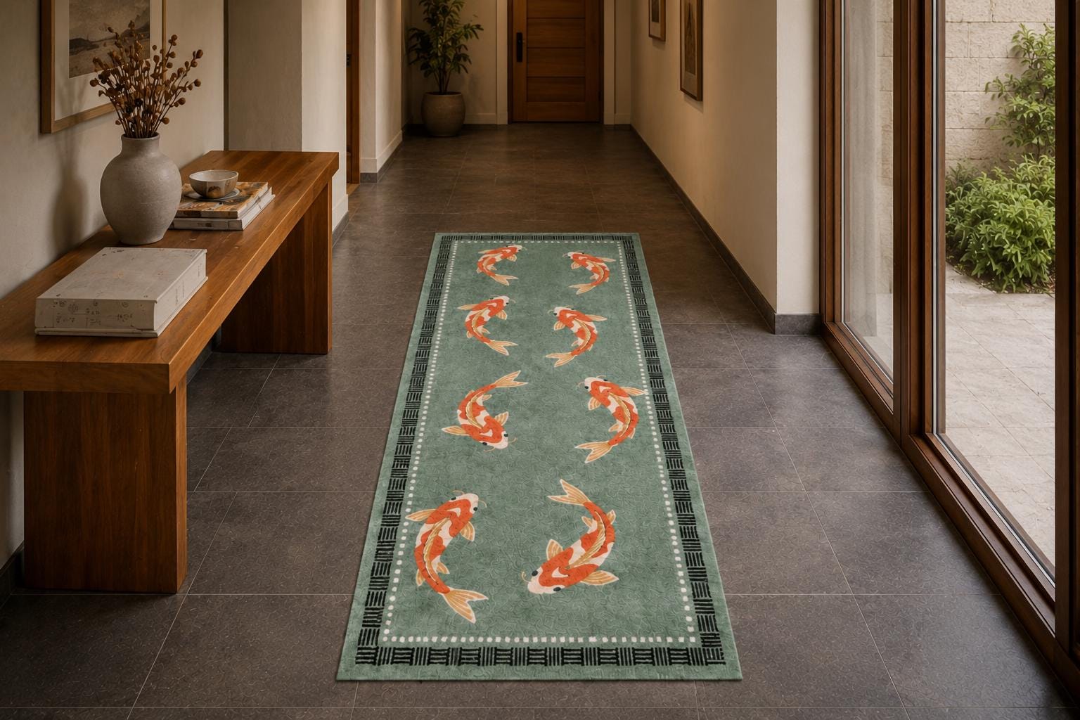 Koi Fish Stair Runner, Koi Fish Runner Rug, Japanese Hallway Rug, Hand ...