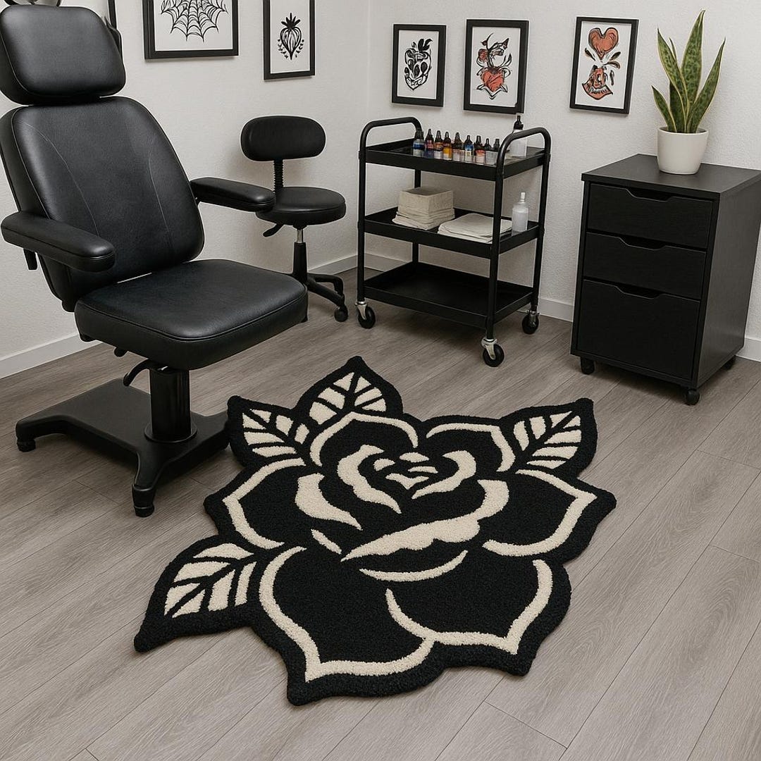 Gothic Mug Rug Hand-tufted Wool Rose Rug – Gothic Tattoo Style, Black & White - Etsy