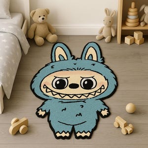 Labubu Tufted Rug for Kids Room – Handmade Cartoon Character Rug – Custom Playroom Carpet – Cute Blue Monster Area Rug – Rug for Game Room