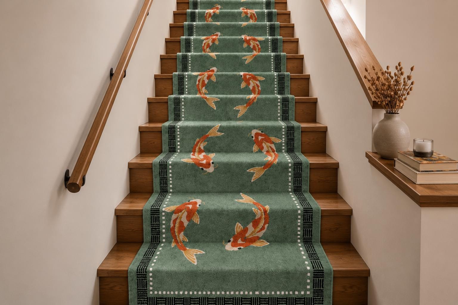 Koi Fish Stair Runner, Koi Fish Runner Rug, Japanese Hallway Rug, Hand ...