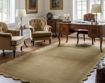 Vintage Green Scalloped Rug – Handmade Wool Edge Carpet, Retro Hand-Tufted Area Rug for Living Room & Bedroom Decor