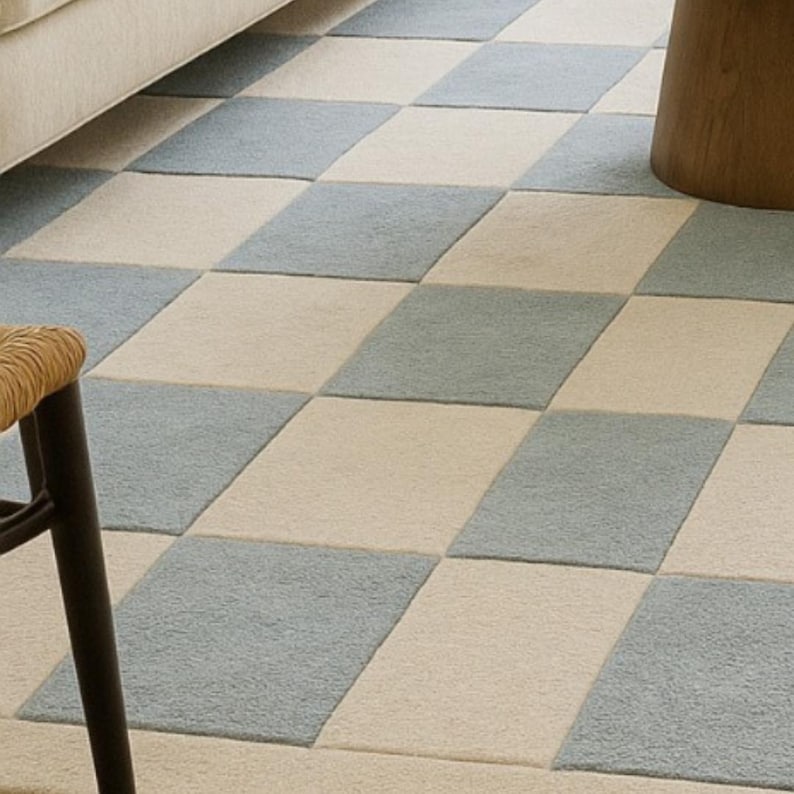Checkerboard Wool Area Rug in Soft Blue and Cream, Handmade Modern ...