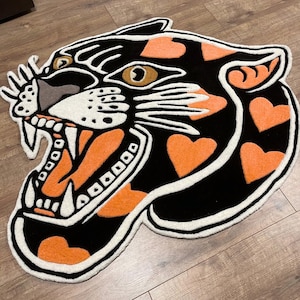 Hand-Tufted Black Panther Wool Rug: Tattoo Art Inspired