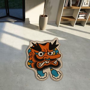 Hannya Mask Wool Rug: Hand-Tufted Anime Tattoo Art