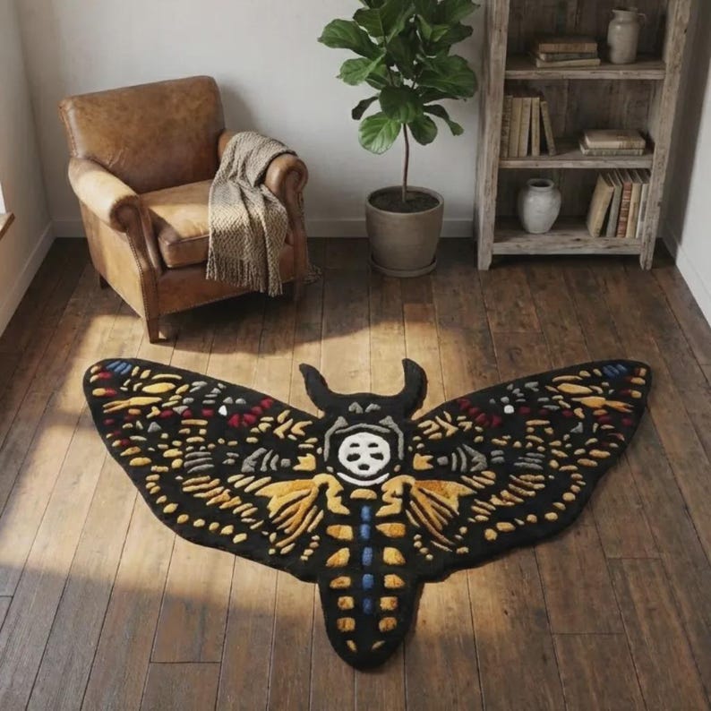 Moth Pattern Rug Death Head Moth Rug, Black Rose Gothic Rug, Tufted Area Rug, Tattoo Rug ...