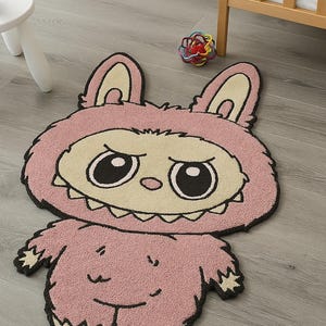 Labubu Rug, Pink Toy Tufted Rug for Kids Room, Cartoon Character Area Rug, Hand Tufted Floor Mat, Cute Plush Rug, Custom Size Nursery Decor