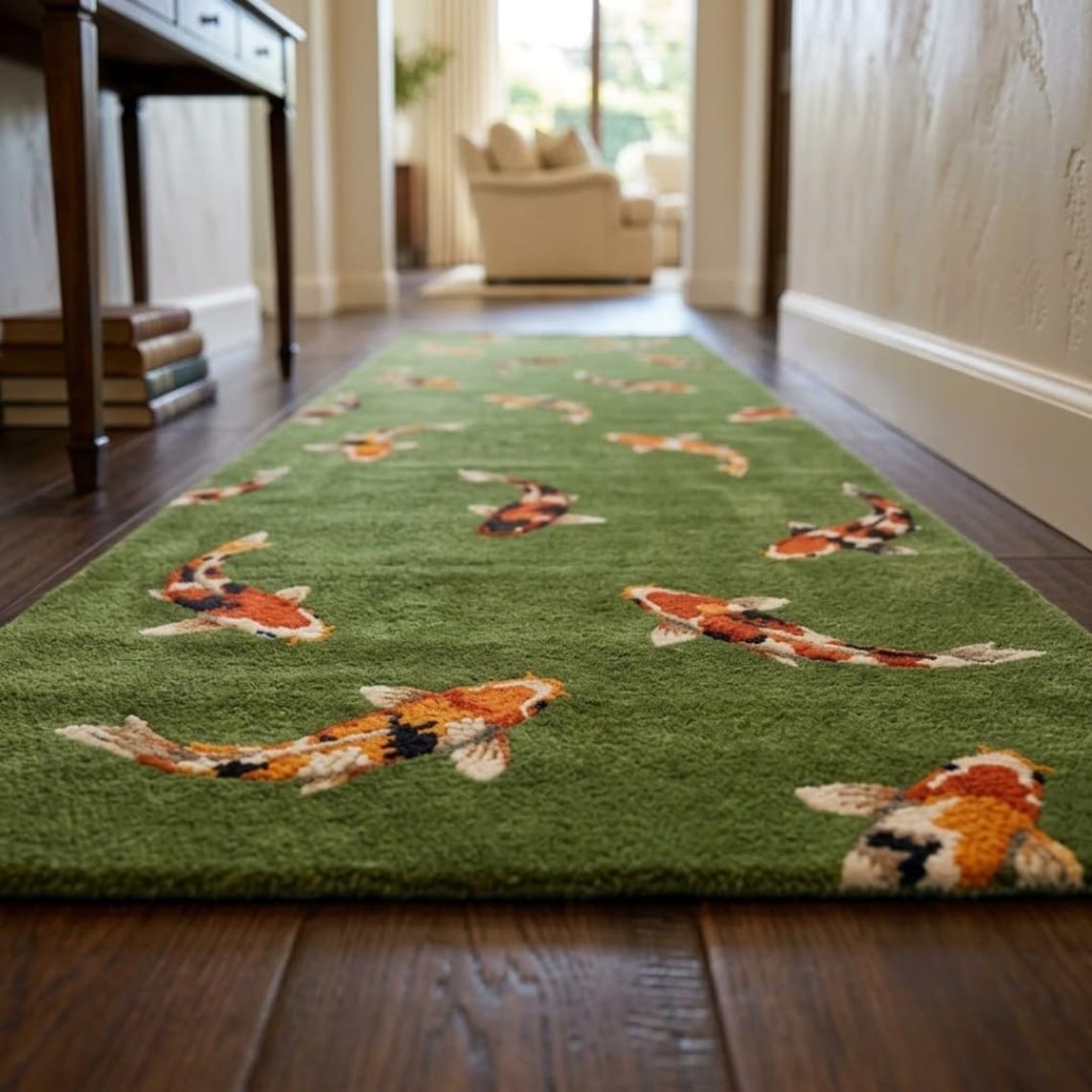 Fish Tuft Rug Green Fish Runner Rug, Hand-tufted Wool Runner, Coastal Koi Fish Runner ...