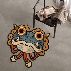 Alfombras tradicionales con tatuajes: alfombra hecha a mano con dibujo de rana / Arte de suelo original para la decoración del hogar / Decoración única para pared o suelo