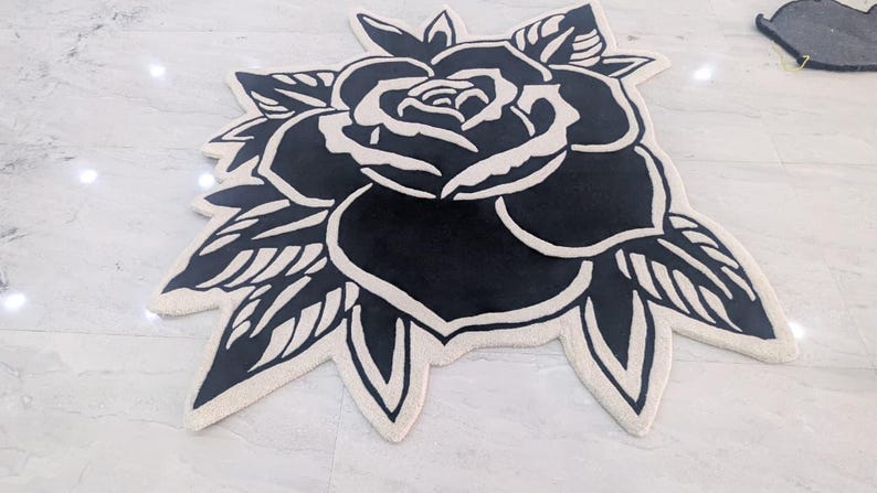 Death Head Moth Rug, Black Rose Gothic Rug, Tufted Area Rug, Tattoo Rug ...