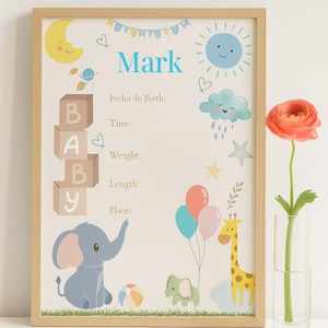 Personalized Baby Stats Poster | Custom Birth Announcement | Digital Newborn Wall Art | Lámina Nacimiento Bebé