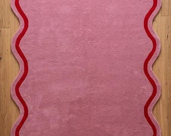 Blush Pink Scalloped Hand-Tufted Wool Rug – Modern Wavy Border Accent Area Rug for Chic Contemporary Interiors
