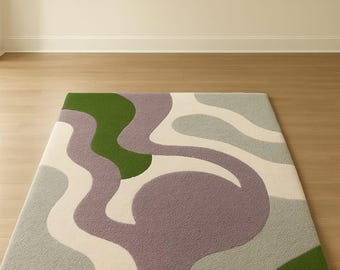 Hand-Tufted Wool Rug: Modern Abstract Wavy Design, Pastel Lavender Green