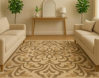 Hand-Tufted Wool Rug, Beige Floral Design, Customizable Sizes