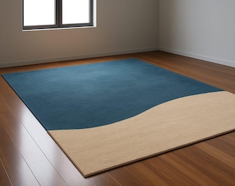 Blue and Beige Curved Tufted Area Rug: Modern Minimalist Carpet