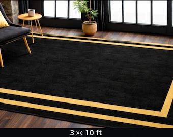 Hand Tufted Wool Rug, Dark Green with Gold Art Deco Border, Custom Size