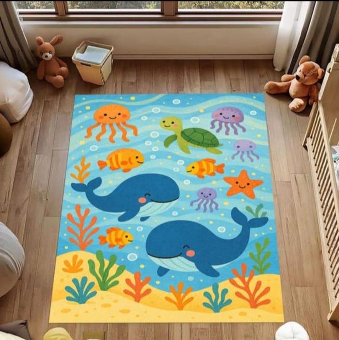 Hand Tufted Ocean Animals Kids Rug, Whale Turtle Jellyfish Playroom ...