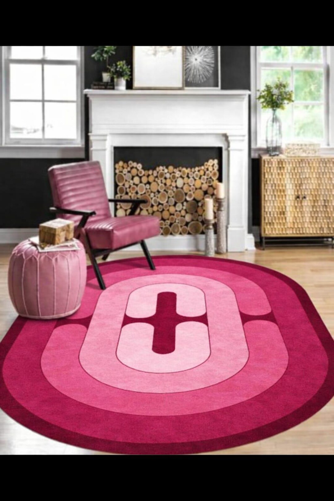 Hand Tufted Pink Abstract Oval Rug, Retro Geometric Carpet - Etsy
