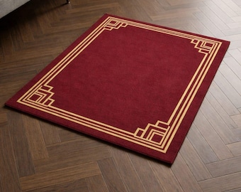 Hand Tufted Wool Rug, Dark Green with Gold Art Deco Border, Custom Size