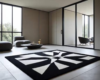 Alfombra moderna abstracta en blanco y negro de lana tejida a mano / Alfombra de diseño geométrico contemporáneo para sala de estar
