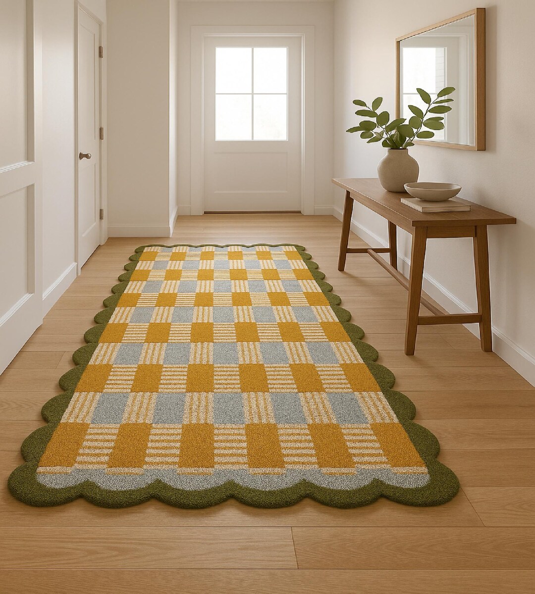 Tufted Check Rug Tufted Checkered Runner Rug: Mustard, Gray & Green Scalloped Hallway ...