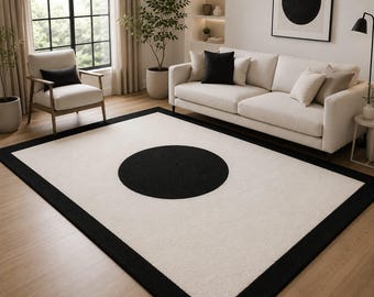 Modern Black and Beige Geometric Wool Area Rug, Hand-Tufted Scandinavian Minimalist Living Room Rug, Contemporary Neutral Home Decor