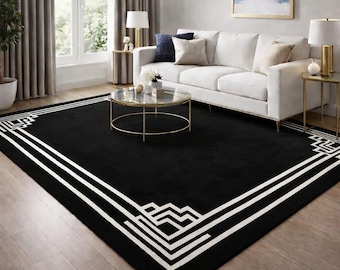 Hand Tufted Wool Rug, Dark Green with Gold Art Deco Border, Custom Size