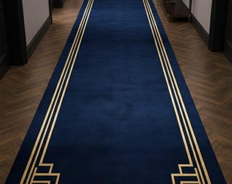 Hand Tufted Wool Rug, Dark Green with Gold Art Deco Border, Custom Size