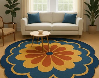 Hand-Tufted Wool Floral Rug: Retro Blue & Yellow Flower Design