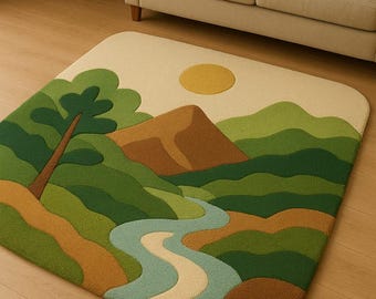 Hand Tufted Wool Landscape Rug, Modern River Mountain Design