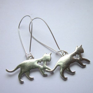 Silver Cat Earrings Heart Feline Kitten Polished Silver Plated Boho Jewellery image 2