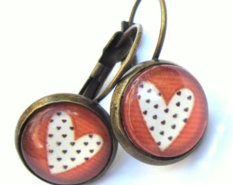 Red Heart Leverback Earrings Polka Dot Glass and Brass Pierced Ears Boho Fashion Jewellery