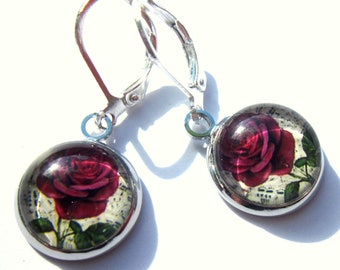 Red Rose Flower Earrings Traditional Glass Silver Plated Fashion Jewellery