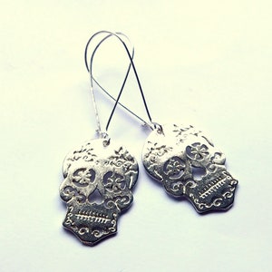 Silver Sugar Skull Earrings Silver Plated Dangle Boho Halloween Jewellery image 2