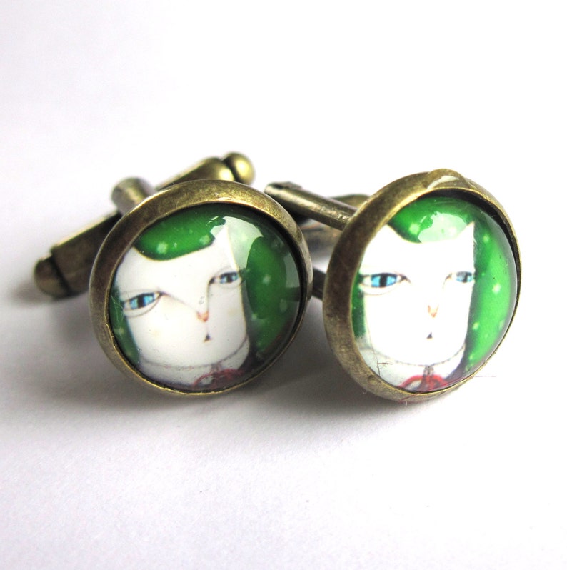 Cat Cufflinks Glass and Brass Mens Jewelry