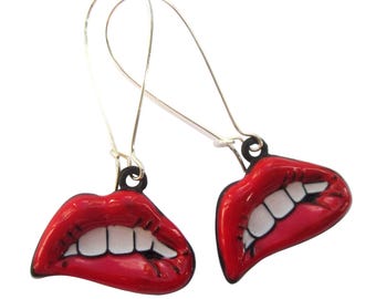Red Lips Earrings Resin With Black Metal Backing Silver Earwires Funky Jewellery