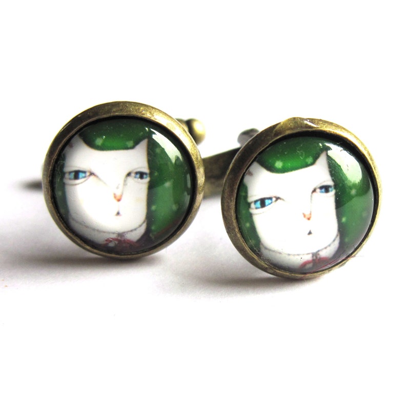 Cat Cufflinks Glass and Brass Mens Jewelry
