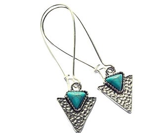 Textured Silver Triangle Earrings Turquoise Blue Resin Silver Plated Boho Jewellery
