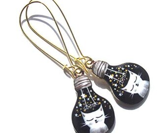 White Cat Earrings Stars Light Bulb Enamel Gold Plated Boho Jewellery