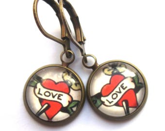 Love Tattoo Red Heart Earrings Boho Round Glass And Antiqued Brass Leverback Dangle Handmade Jewellery