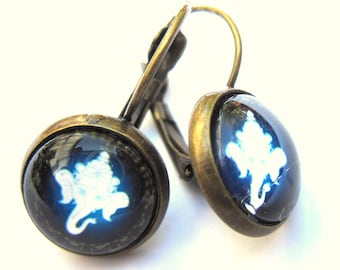 Elephant Ganesh Earrings Bronze And Glass Cabochon Leverback Navy Blue White Spiritual Yoga Jewellery