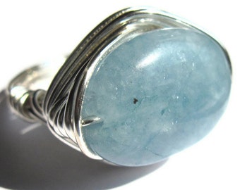 Aquamarine Wire Wrapped Ring Any Size Silver Plated Light Blue Oval Semi Precious Stone Fashion Jewellery