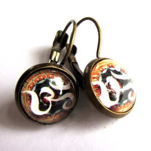 Om Symbol Earrings Spiritual Yoga Meditation Glass And Brass Leverback Earwires Boho Fashion Handmade Jewellery image 3