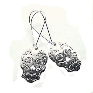 Silver Sugar Skull Earrings Silver Plated Dangle Boho Halloween Jewellery image 1