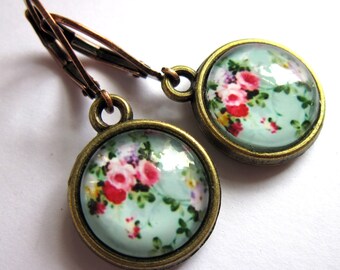 Retro Pink Flower Earrings Leverback Ear Hooks Glass And Brass Fashion Jewelry