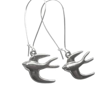 Silver Swallow Flying Bird Earrings Silver Plated Boho Easter Jewellery